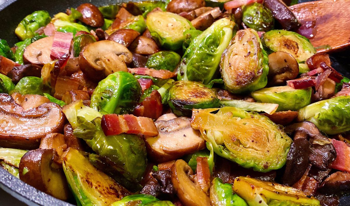 Pan Roasted Brussels Sprouts With Mushrooms And Bacon Recipe Felix And Greg